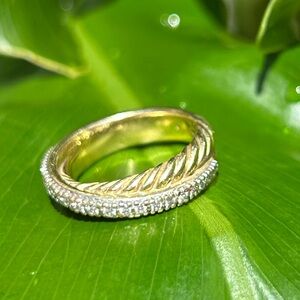 David Yurman Crossover two row 18K Yellow Gold cable pavé-set diamonds ring sz 6